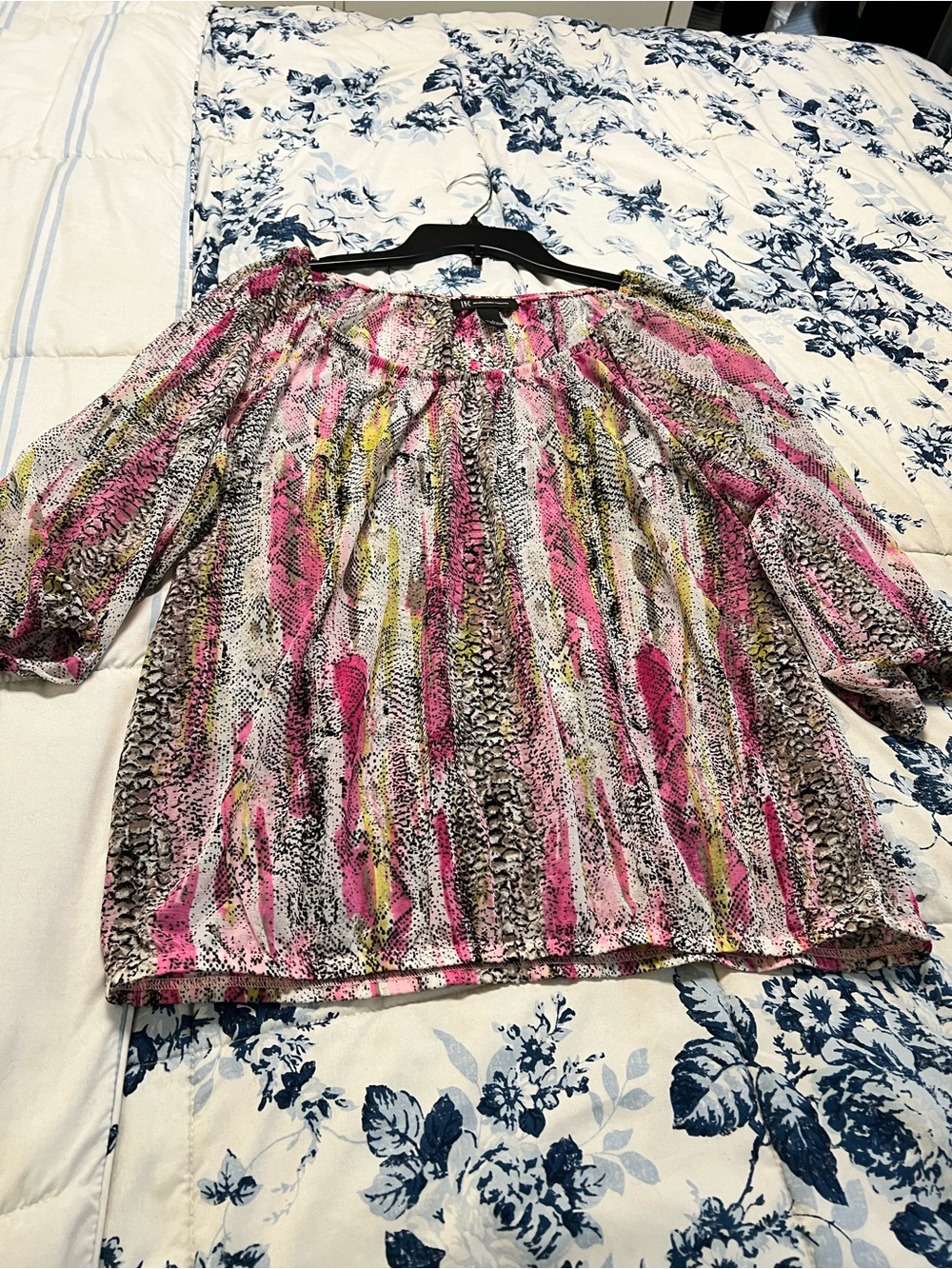 INC International Concepts Pink, Yellow and Gray Patterned Off-Shoulder Blouse